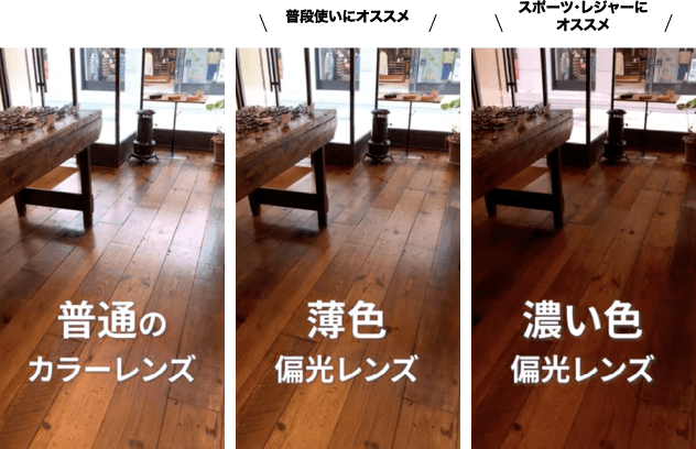 普通のカラーレンズ　白色偏光レンズ　濃い色偏光レンズ